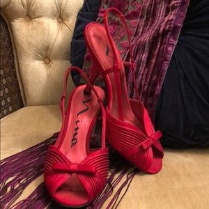 Vintage Nina Red Satin Slingback Bow Peep Toe Pump